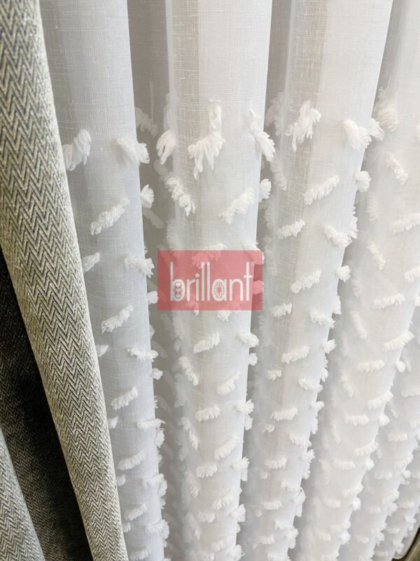 ekru kırık beyaz ponpon pufy keten görünümlü tül perde