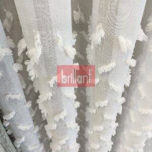 Ekru-Kırık Beyaz-Ponpon Pufy Keten Görünümlü Tül Perde