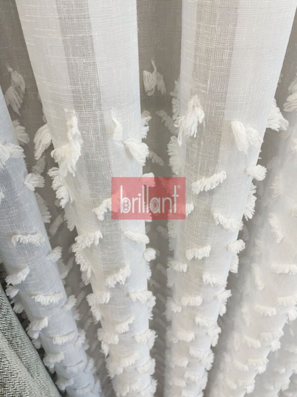 Ekru-Kırık Beyaz-Ponpon Pufy Keten Görünümlü Tül Perde