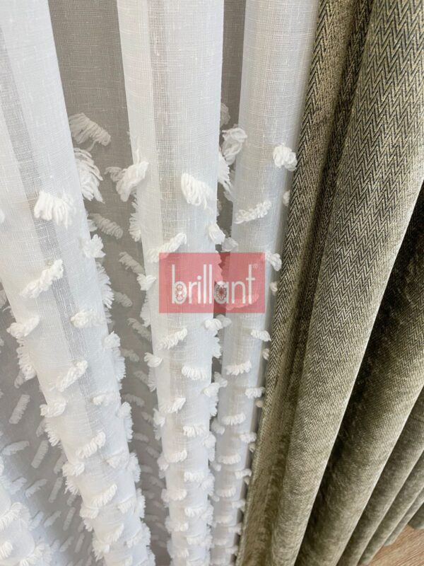 ekru kırık beyaz ponpon pufy keten görünümlü tül perde