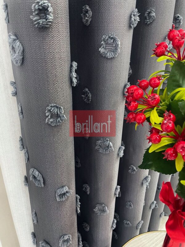 Koyu Gri Renk Ponponlu Pufy Fon Perde