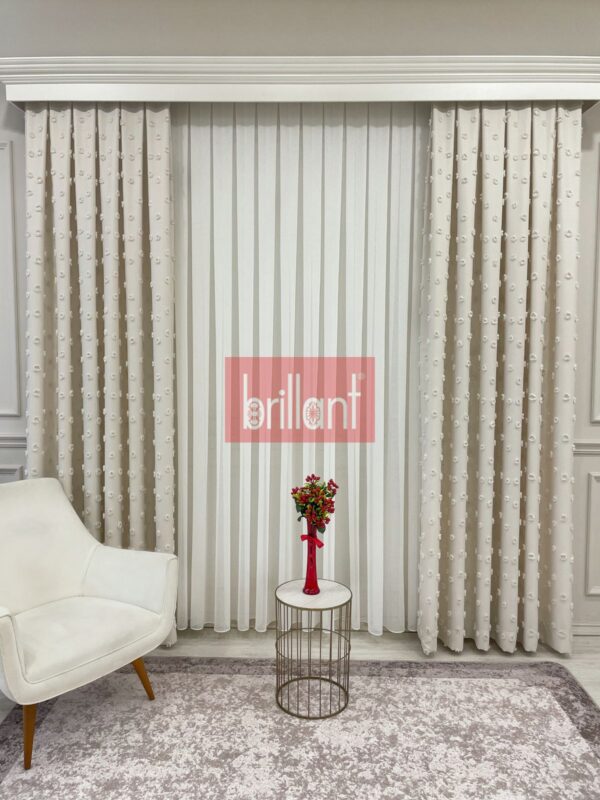 ekru renk ponponlu pufy fon perde