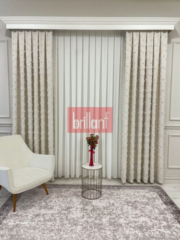 ekru renk ponponlu pufy fon perde