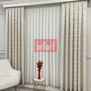 ekru renk ponponlu pufy fon perde