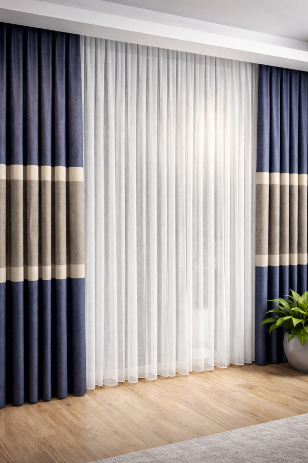 Lacivert-Krem Fon Perde S Pile Hazır Dikilmiş Anında Teslim
