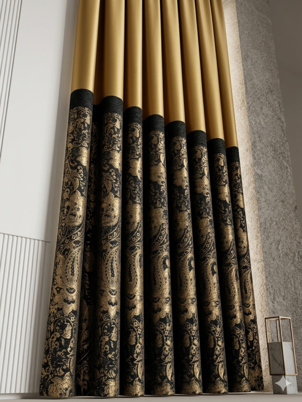 Lüks Siyah Altın Desenli Fon Perde – Işıltılı Jakar Dokuma, Modern & Klasik Şıklık