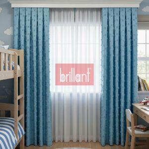 Mavi Renk Çocuk Odası Pufy Ponponlu Fon Perde