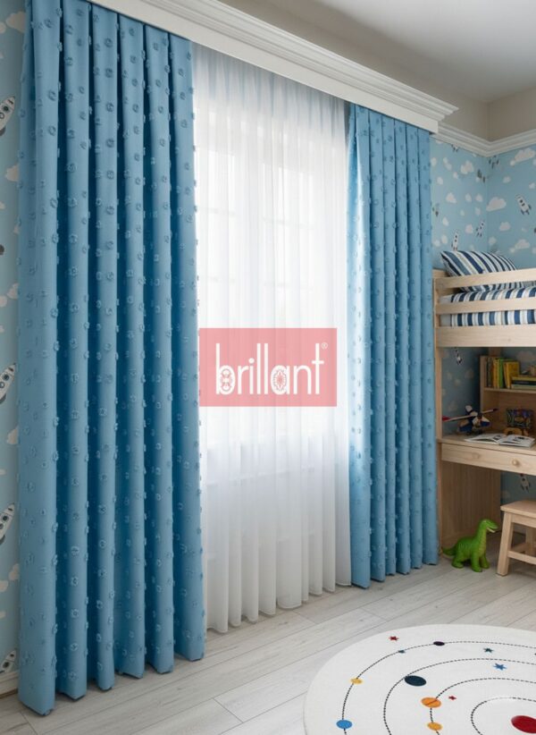 Mavi Renk Çocuk Odası Pufy Ponponlu Fon Perde