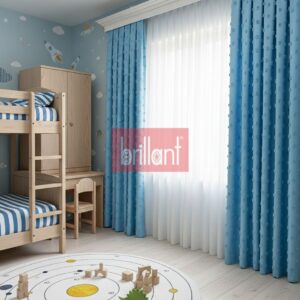 Mavi Renk Çocuk Odası Pufy Ponponlu Fon Perde