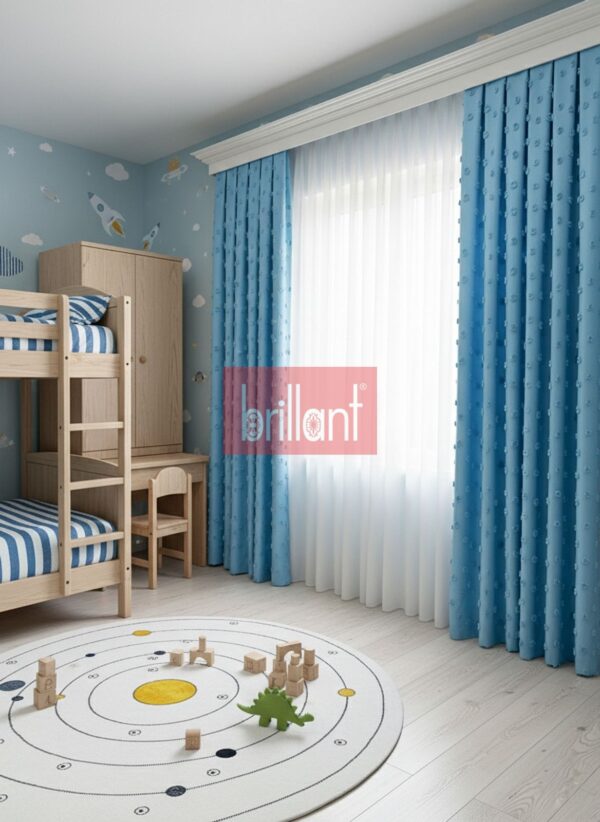 Mavi Renk Çocuk Odası Pufy Ponponlu Fon Perde