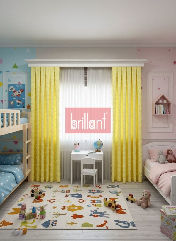 Sarı Renk Çocuk Odası Pufy Ponponlu Fon Perde