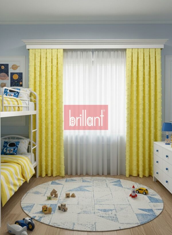 Sarı Renk Çocuk Odası Pufy Ponponlu Fon Perde