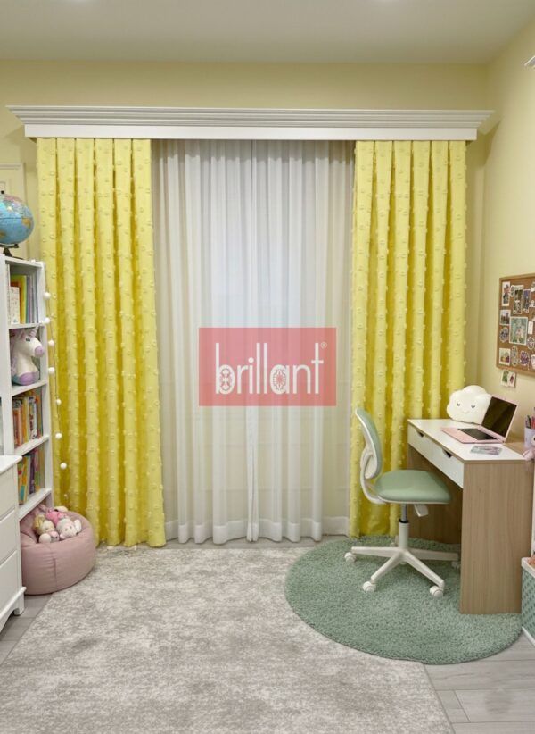 Sarı Renk Çocuk Odası Pufy Ponponlu Fon Perde