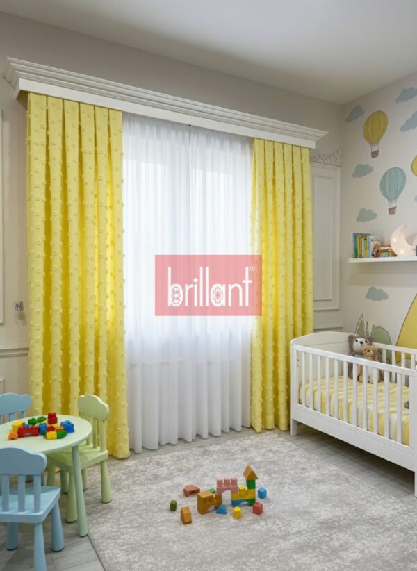 Sarı Renk Çocuk Odası Pufy Ponponlu Fon Perde