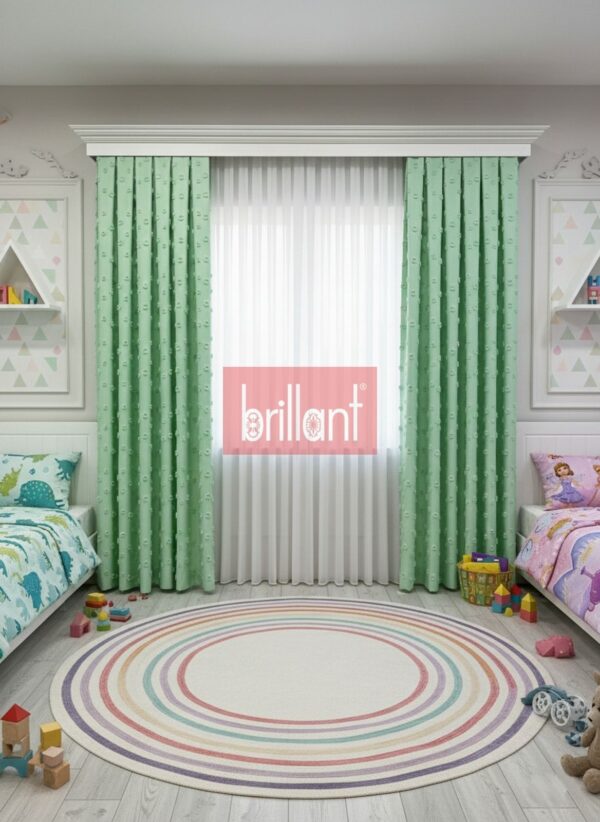 Yeşil Renk Çocuk Odası Pufy Ponponlu Fon Perde