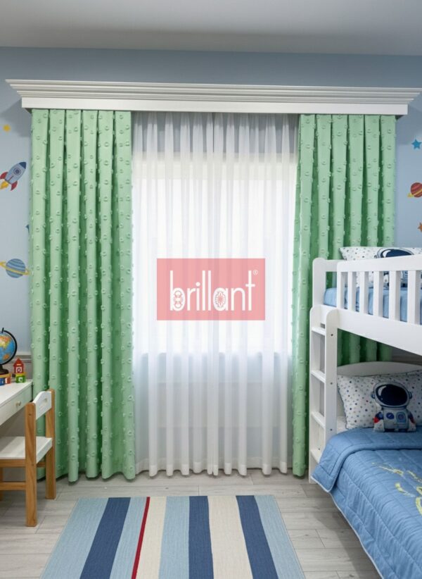 Yeşil Renk Çocuk Odası Pufy Ponponlu Fon Perde